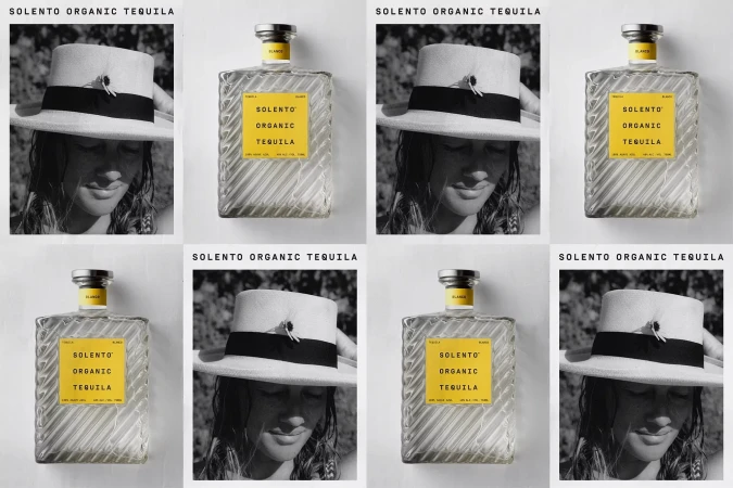 Multiple images of a Solento Organic Tequila bottle, alongside a black and white portrait of a woman in a wide-brimmed hat.
