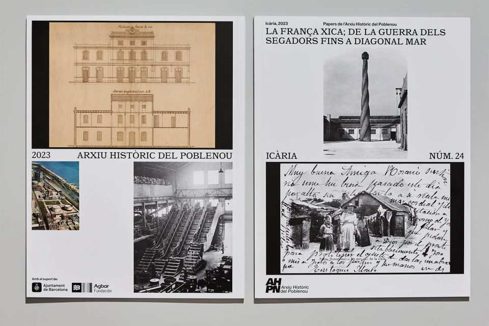 Two monochromatic posters side-by-side featuring architectural drawings, historic photographs of buildings, factory, and text in Catalan.