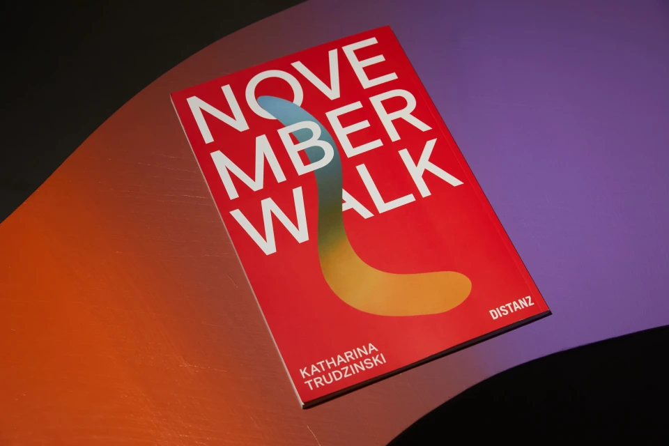 Art book 'November Walk' by Katharina Trudzinski featuring a vibrant red cover with abstract design on a multicolored surface.