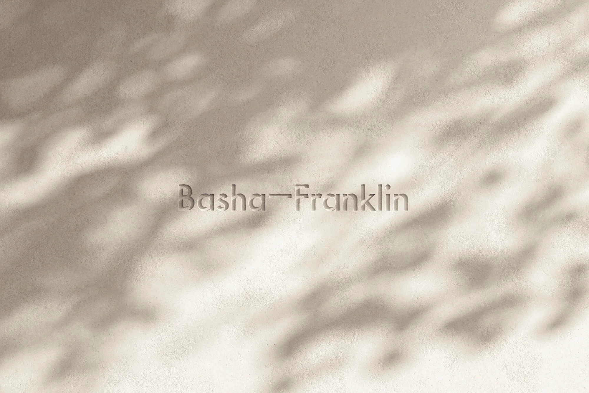Embossed Basha-Franklin logo on a neutral textured wall with soft leaf shadows falling across the surface