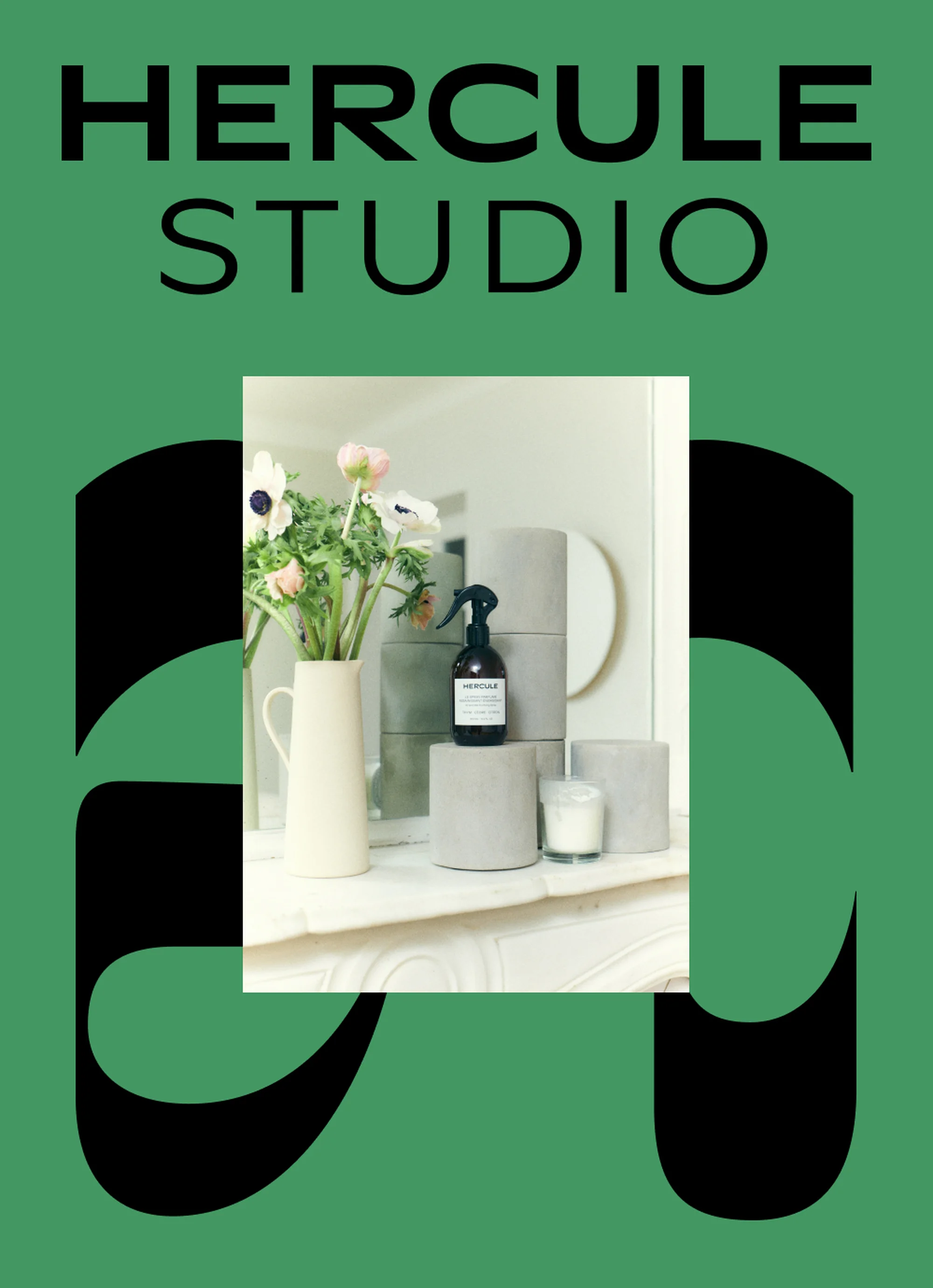 Interior product display against a green background, featuring flowers, a spray bottle, a candle, and cylindrical objects.
