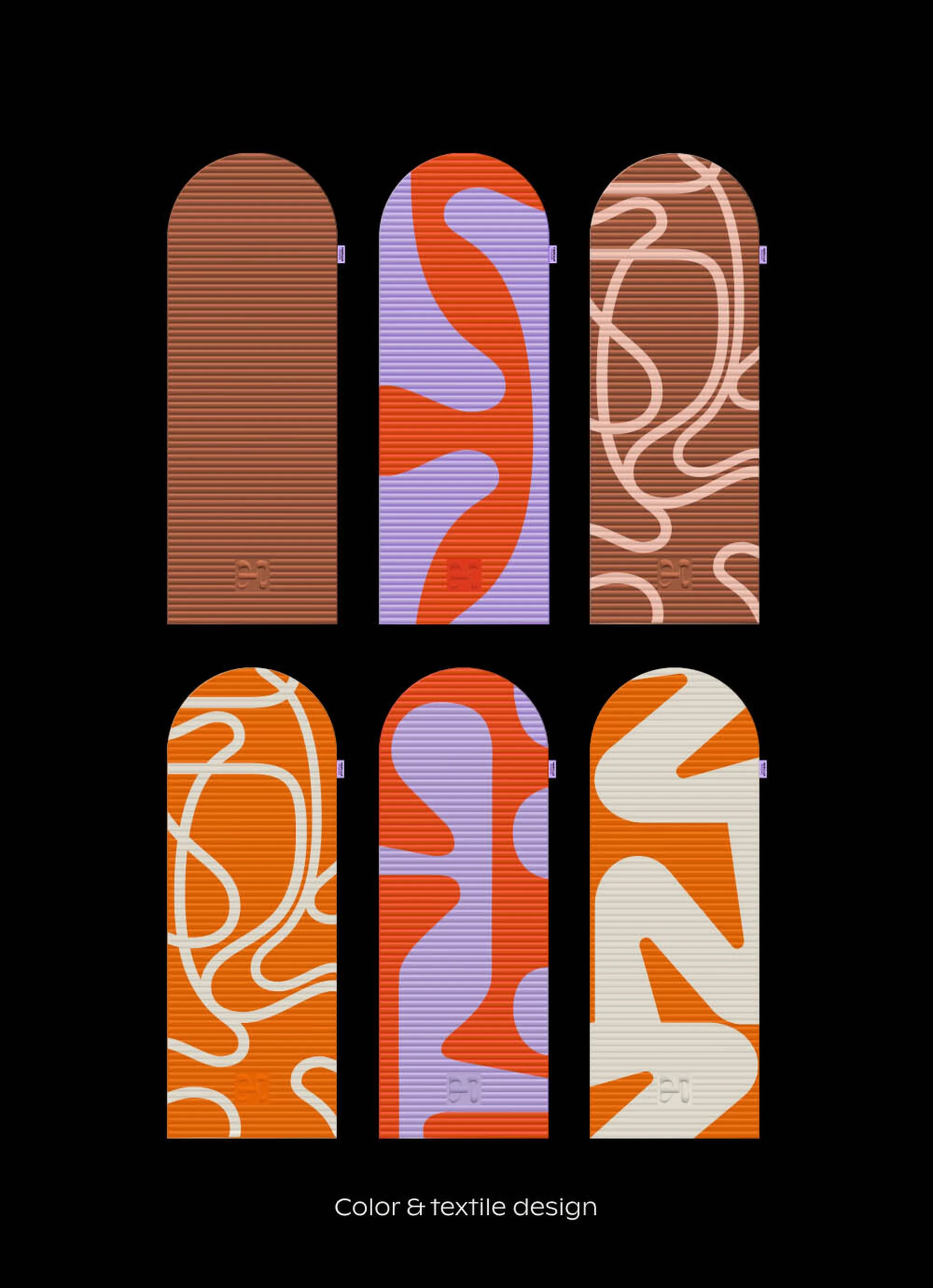 Abstract textile and color design featuring rounded forms in brown, orange, and purple with linear textures against a black backdrop.