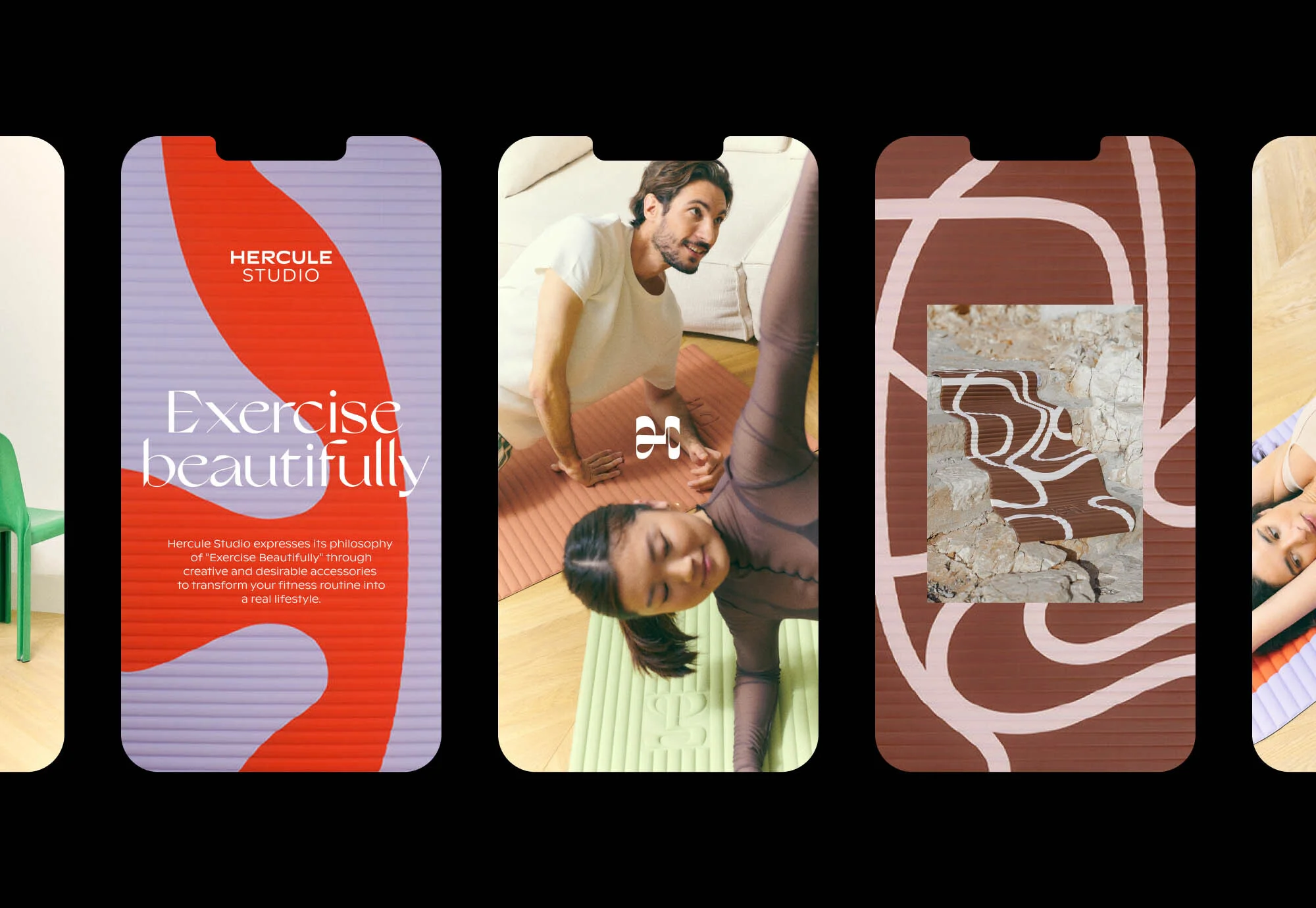 Lifestyle ad featuring an athletic couple in workout poses on yoga mats in an indoor setting, and graphic art product screen shots.