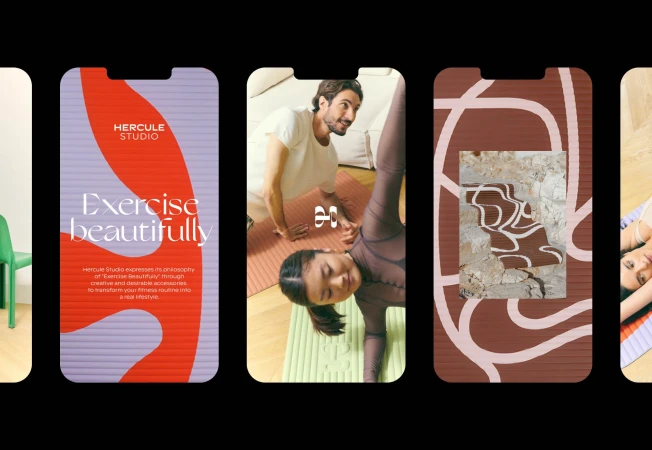 Lifestyle ad featuring an athletic couple in workout poses on yoga mats in an indoor setting, and graphic art product screen shots.