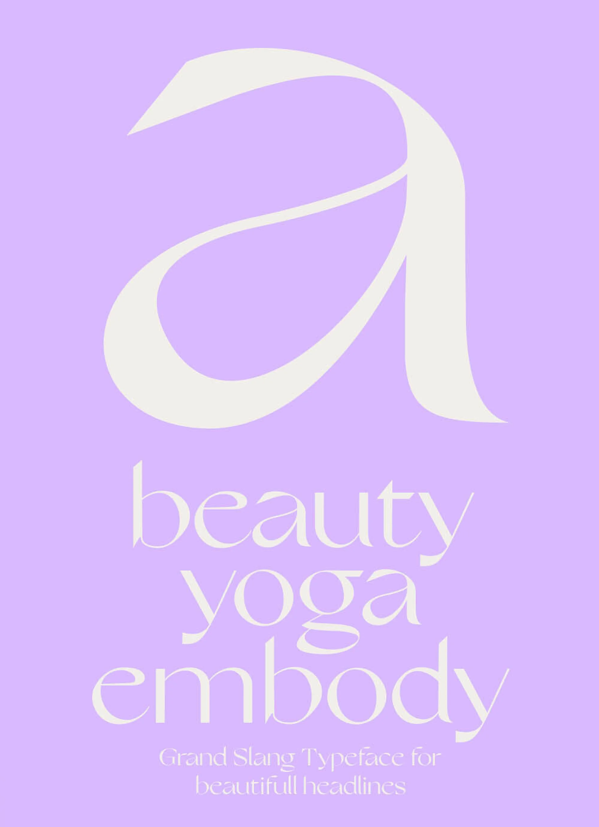 Graphic design featuring a large letter 'a' above the words 'beauty yoga embody' in a stylized font on a light purple background.