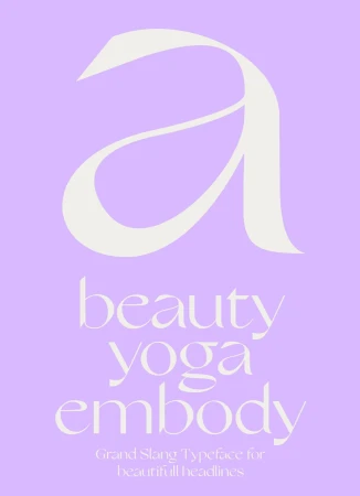 Graphic design featuring a large letter 'a' above the words 'beauty yoga embody' in a stylized font on a light purple background.