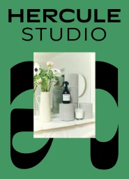 Graphic design poster featuring bold black typography reading Hercule Studio over a green background and a centered product photograph