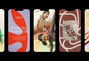 Multiple smartphone mockups displaying Hercule Studio brand identity design, exercise mats, and typography against a black background.