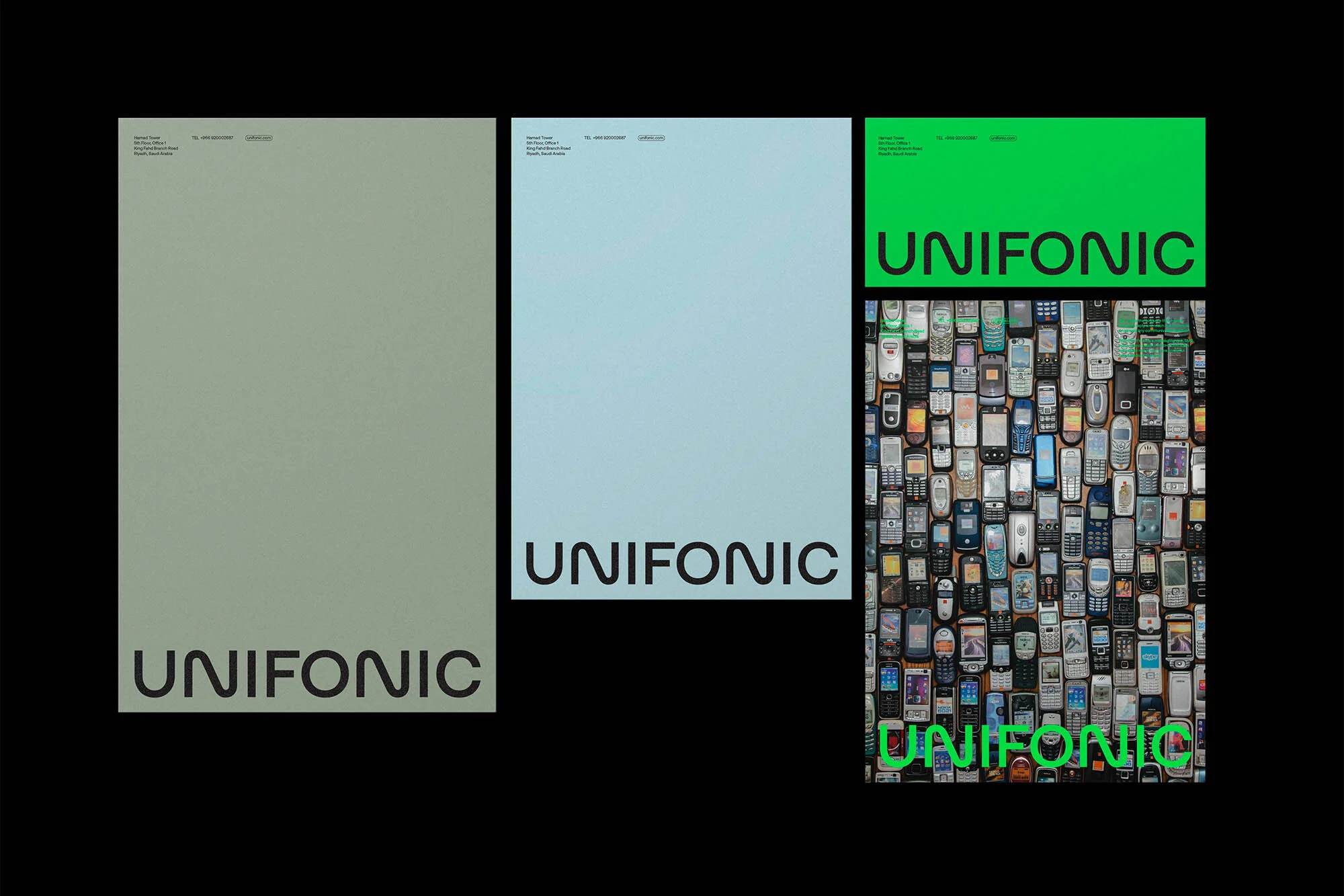 Three posters display the word UNIFONIC with a collection of mobile phones on one. Modern graphic design with a black background.