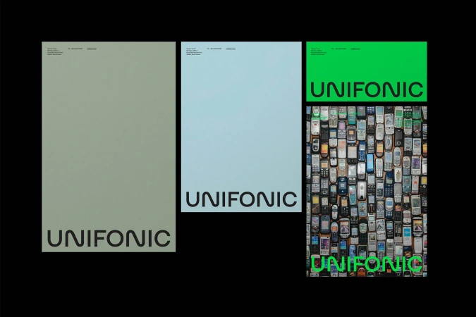 Three posters display the word UNIFONIC with a collection of mobile phones on one. Modern graphic design with a black background.