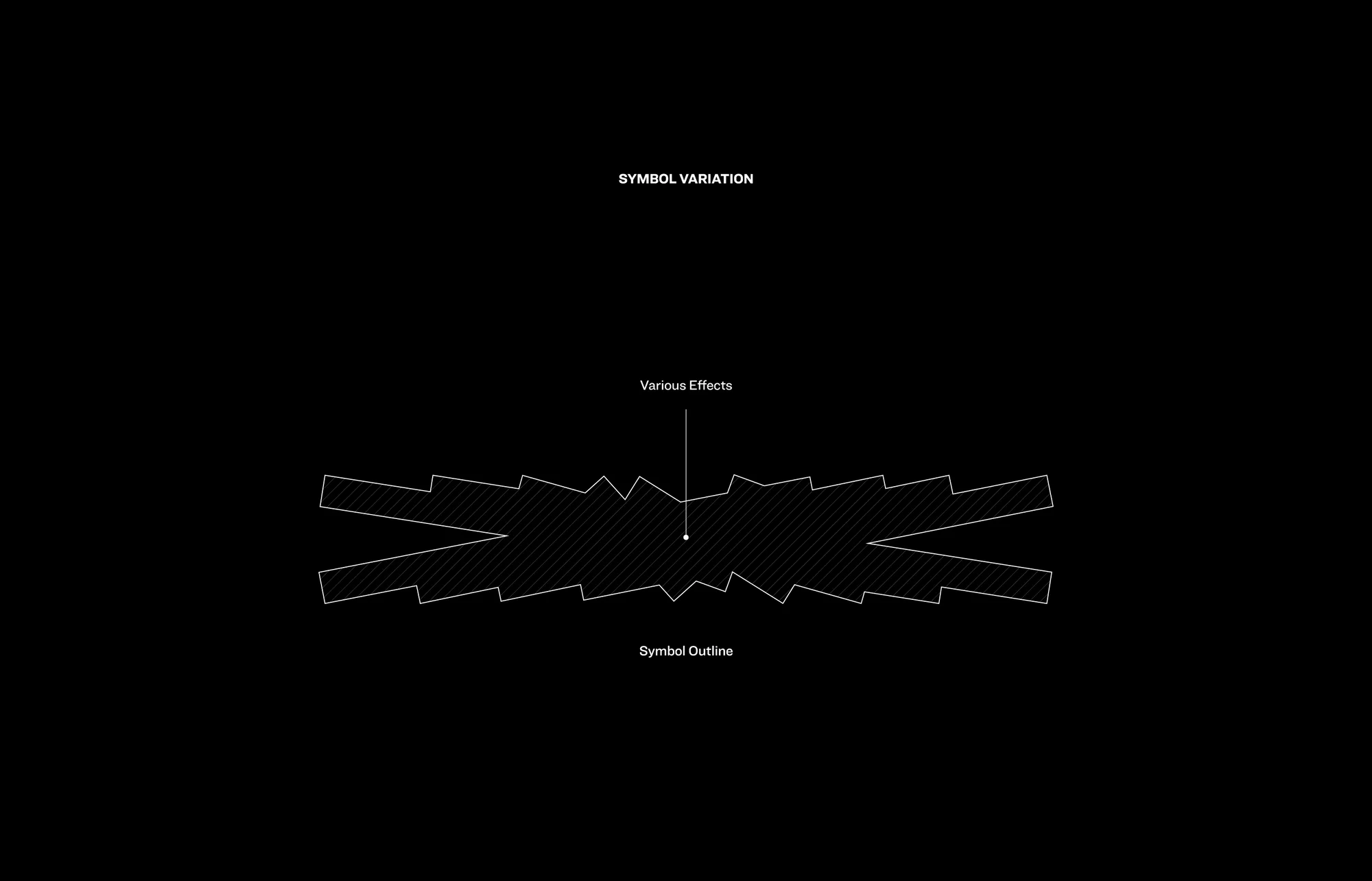 Abstract graphic design featuring a jagged-edged, horizontally-oriented shape in white outline with internal diagonal hatching on a black background.