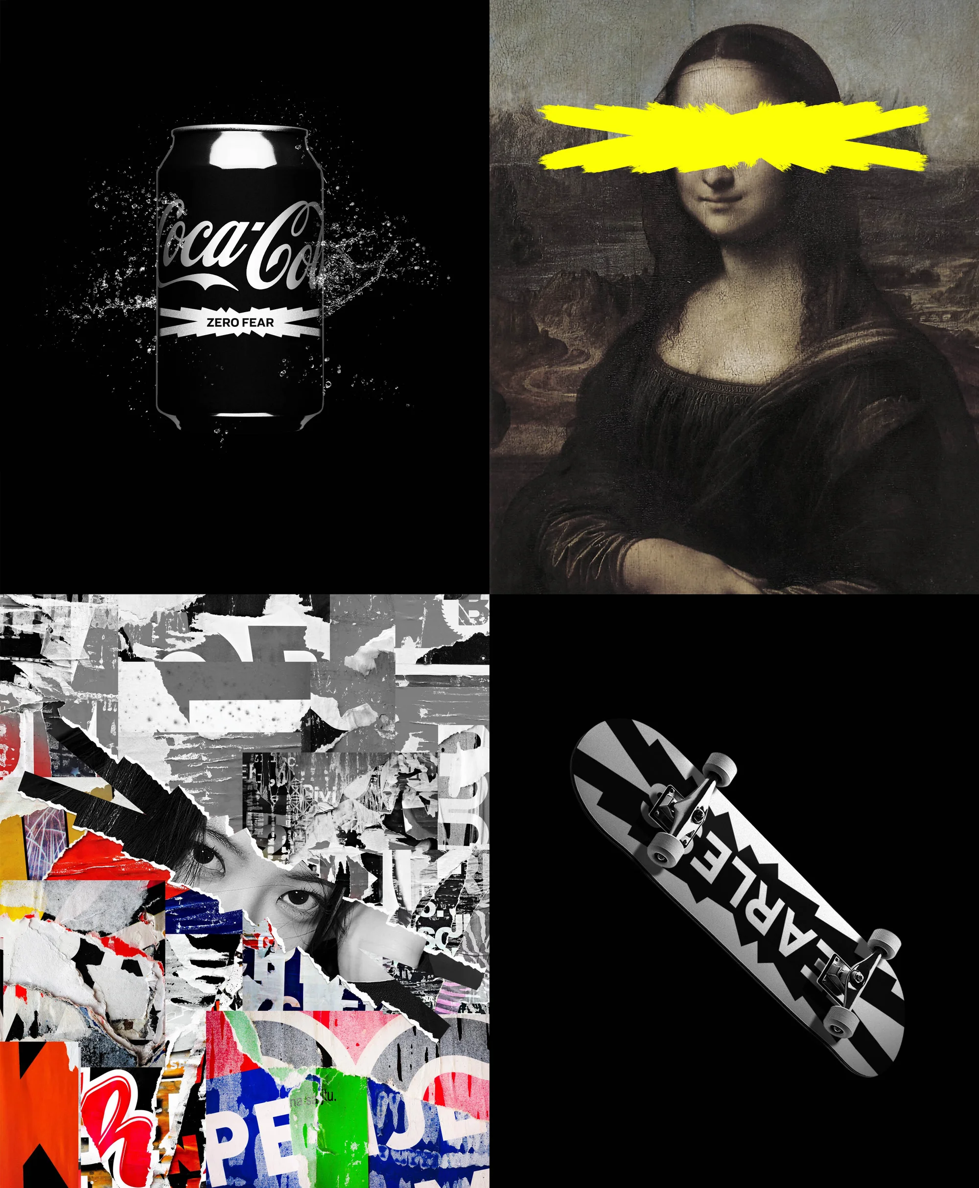 Collage of four distinct images: Coca-Cola can, Mona Lisa with yellow bar, torn posters with an eye, and a skateboard on black.