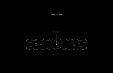 Graphic design brand identity presentation featuring a geometric symbol variation on a black background