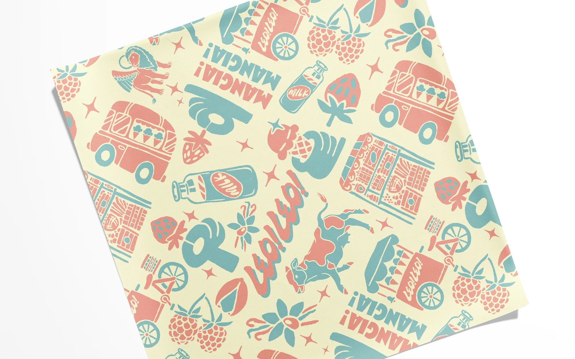 Food-themed pattern features illustrations of ice cream trucks, milk bottles, strawberries, raspberries, flowers, and a cow on a light yellow background.