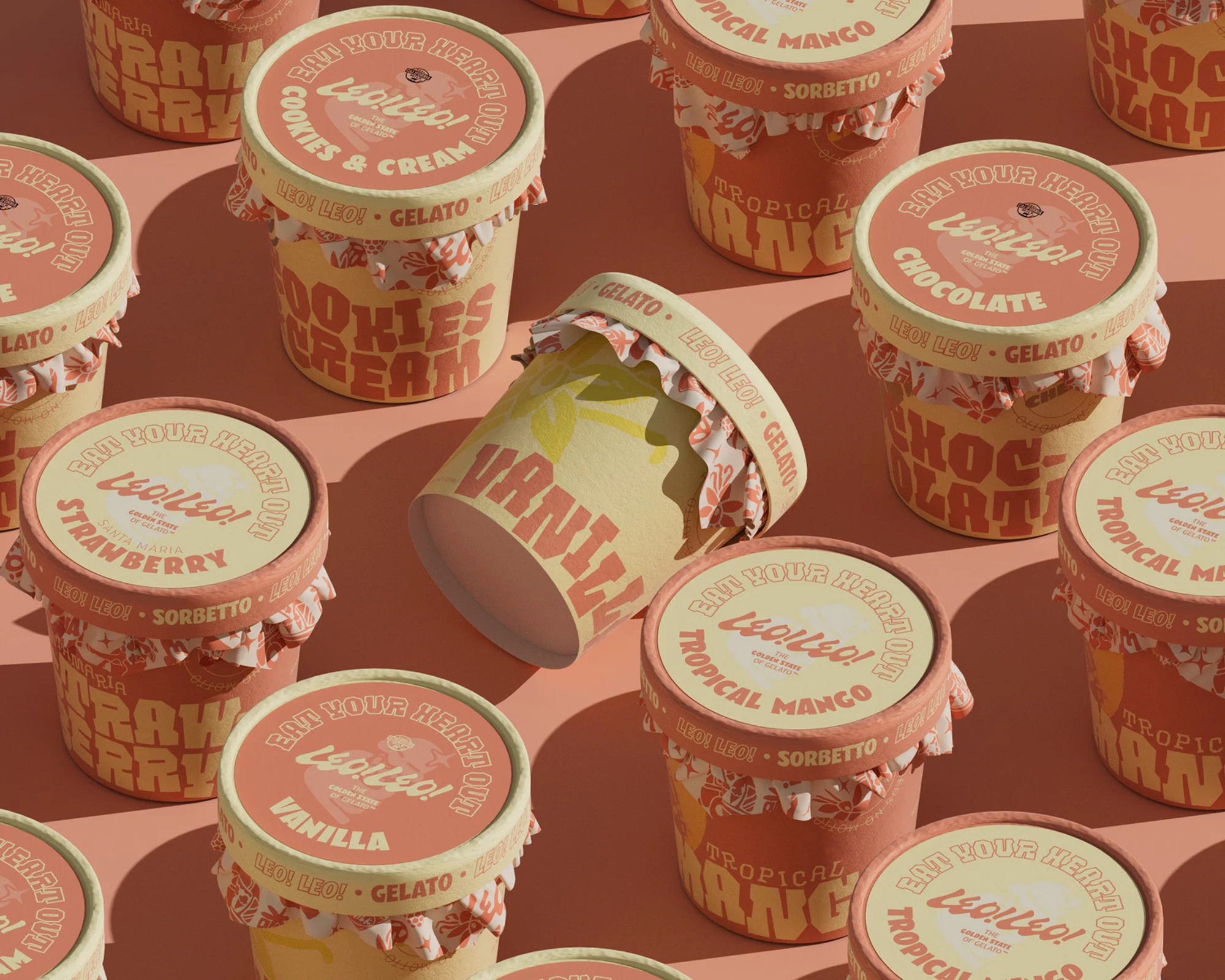 Various tubs of Leo Leo Gelato sorbetto, including vanilla, strawberry, tropical mango, chocolate, and cookies & cream flavors.