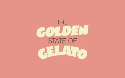 Typographic graphic design reading The Golden State of Gelato in cream and dark grey against a solid coral pink background.