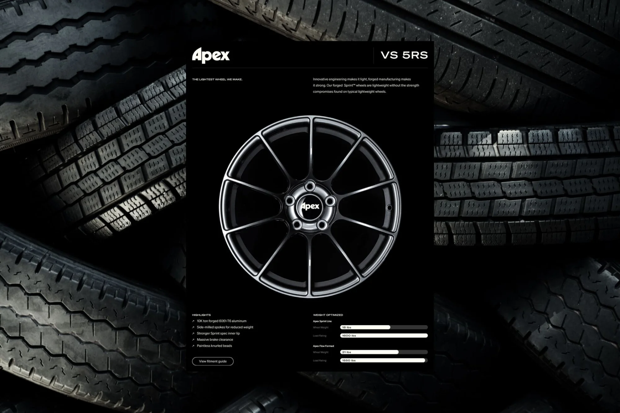 Apex VS 5RS wheel displayed against a backdrop of tires in a studio setting, highlighting its design and construction.