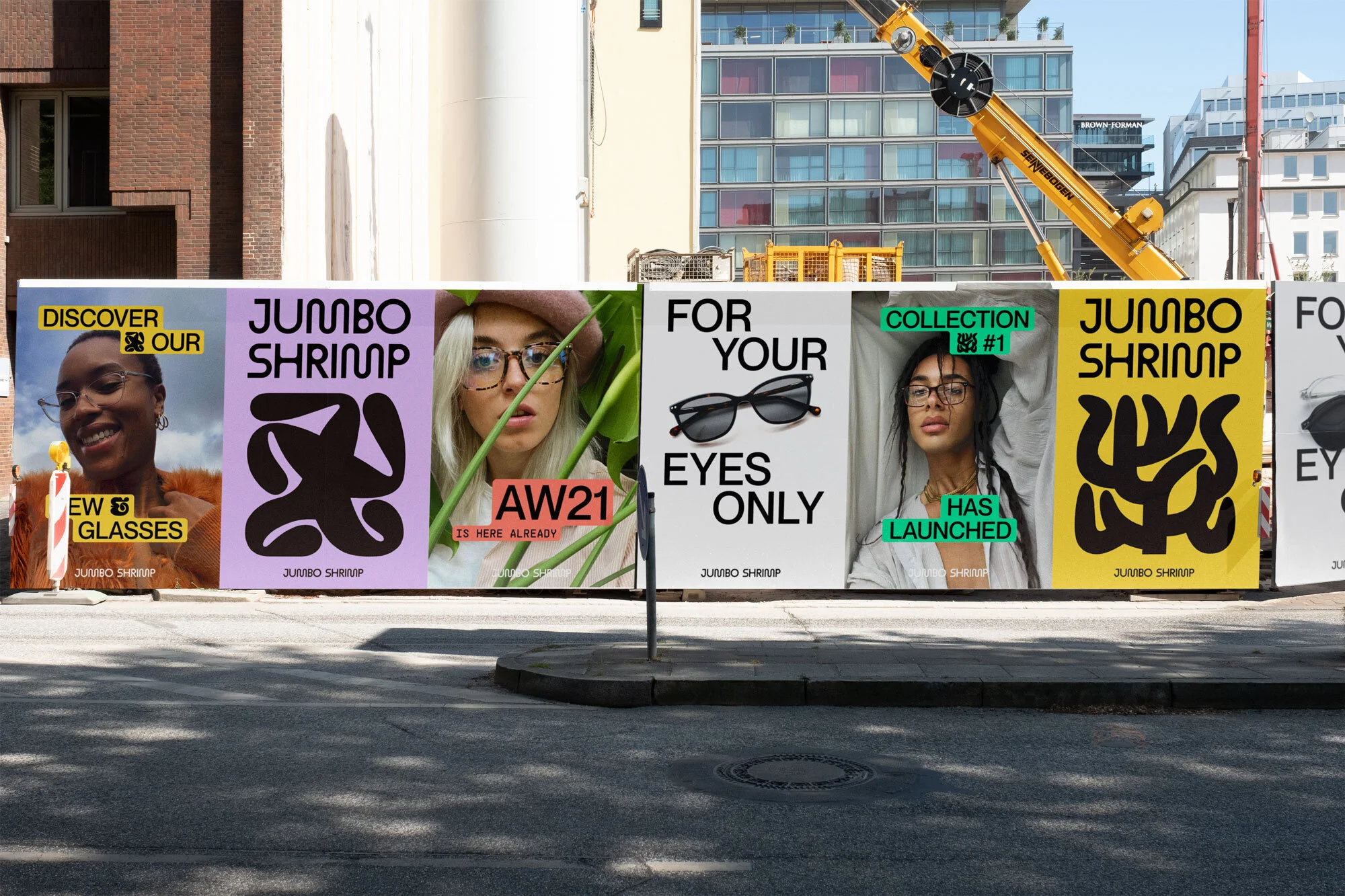Outdoor ad campaign with billboards featuring eyewear models wearing glasses and sunglasses, with modern graphics and bold text.