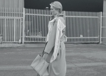 Model in a long trench coat and scarf holding a handbag in front of a metal gate outdoors.