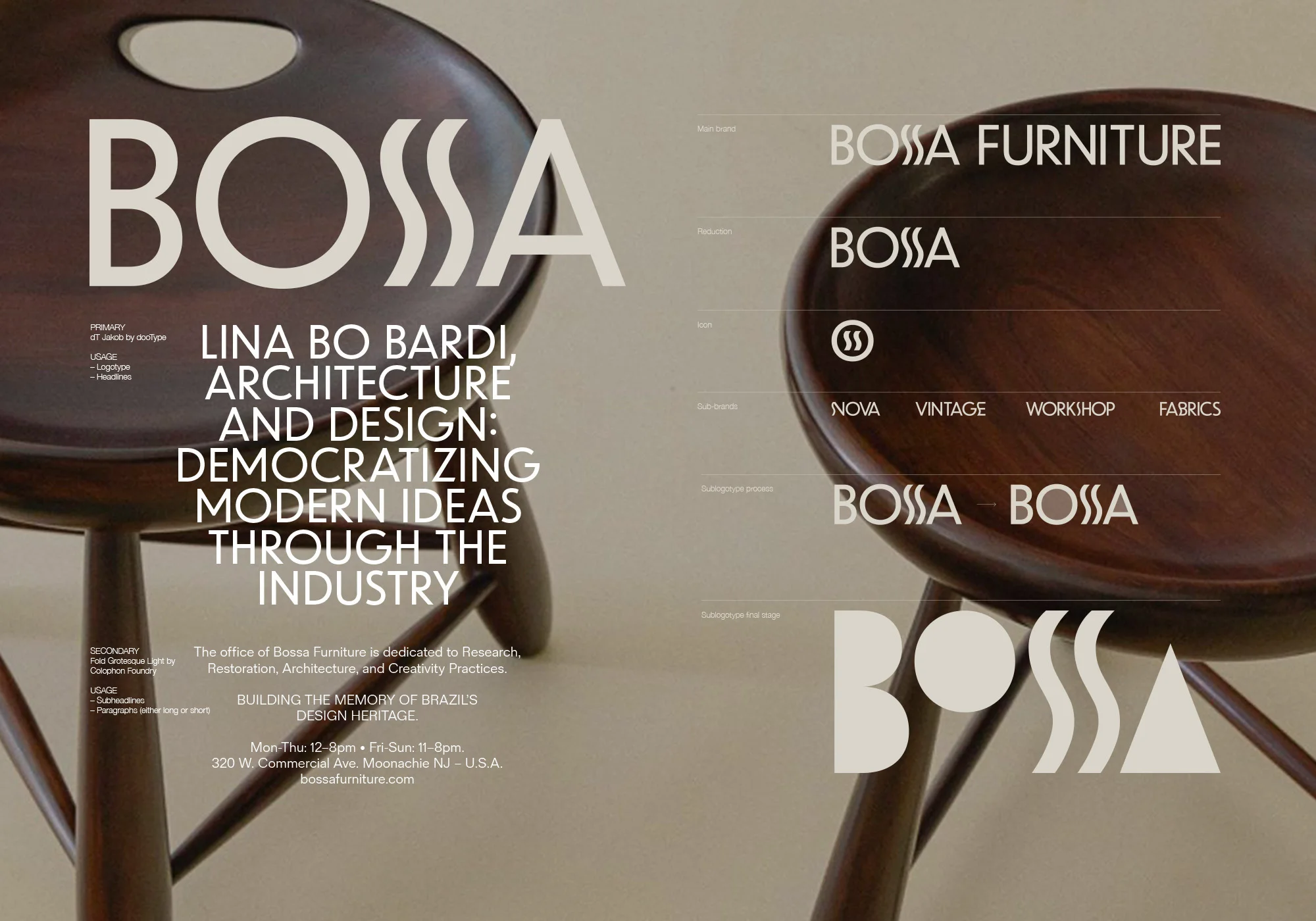 Two dark wood stools shown against a cream background with typography showcasing brand identity guidelines for Bossa Furniture
