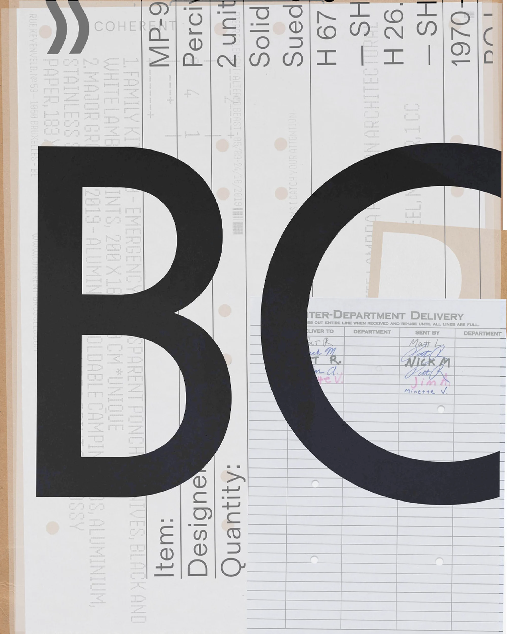 Abstract image featuring the letters B and C in black over a variety of text and paperwork fragments in gray, white, and beige tones.