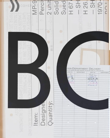 Abstract image featuring the letters B and C in black over a variety of text and paperwork fragments in gray, white, and beige tones.