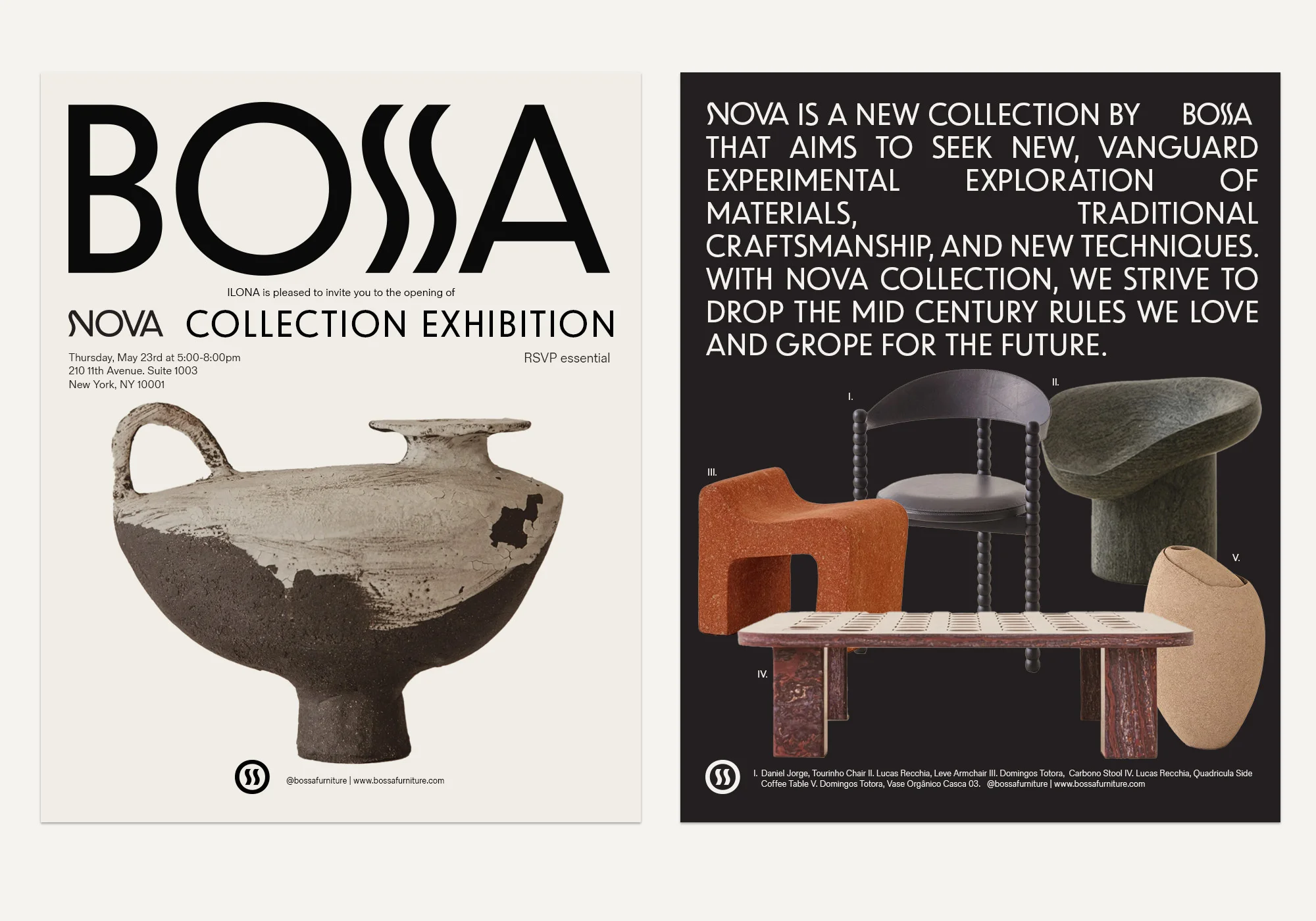 Promotional posters showcase Bossa's Nova Collection, featuring furniture pieces and a pottery vase against neutral backgrounds.