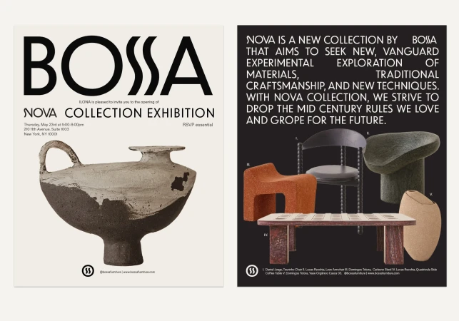 Promotional posters showcase Bossa's Nova Collection, featuring furniture pieces and a pottery vase against neutral backgrounds.