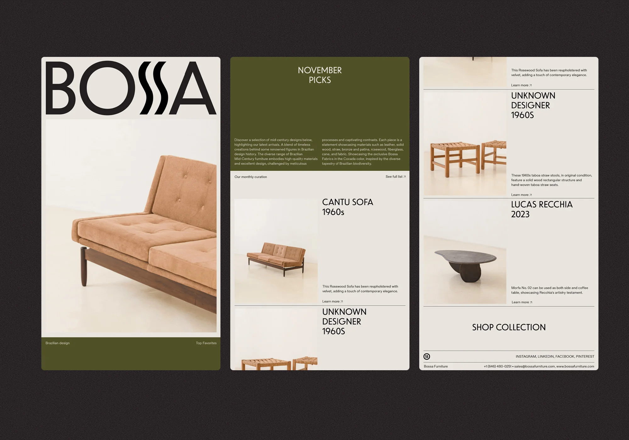 Bossa Furniture ad featuring mid-century modern sofas and seating in neutral colors against a minimalist background.