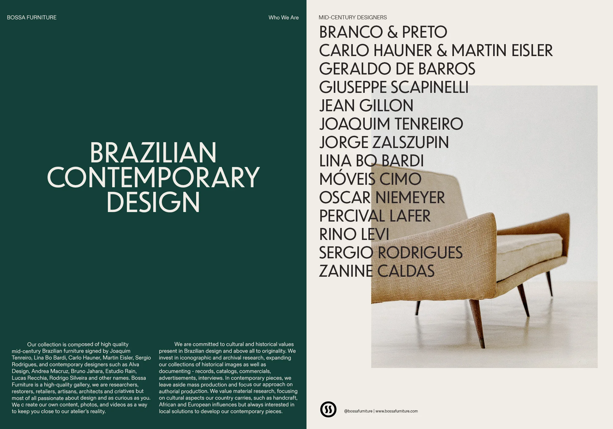 Brazilian mid-century furniture advertisement showcasing design designers, featuring armchair in tan fabric and wooden legs.