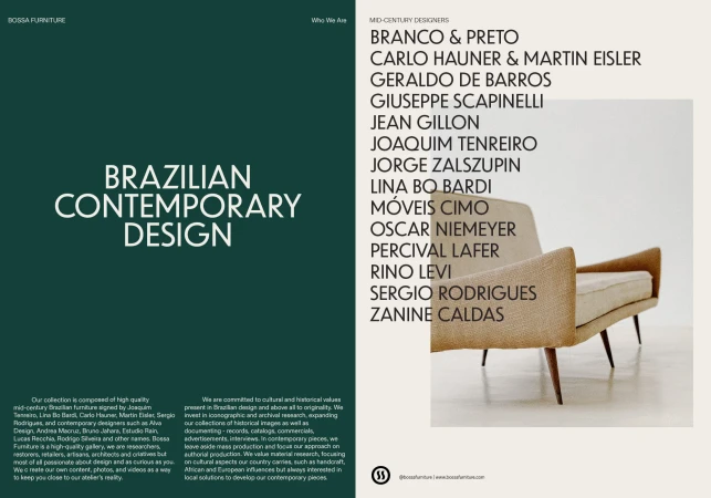 Brazilian mid-century furniture advertisement showcasing design designers, featuring armchair in tan fabric and wooden legs.