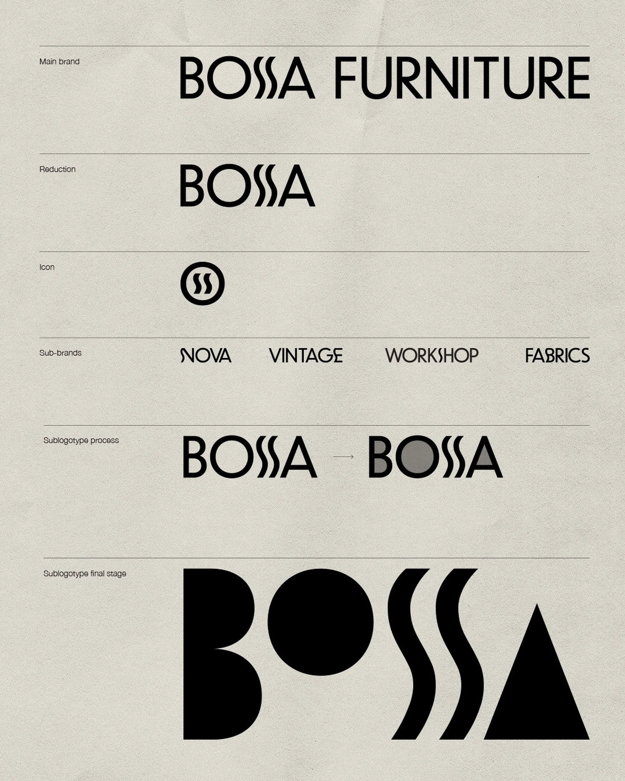 Bossa Furniture brand guide featuring main logo, variations, sub-brands (Nova, Vintage, Workshop, Fabrics), with design elements on textured paper.