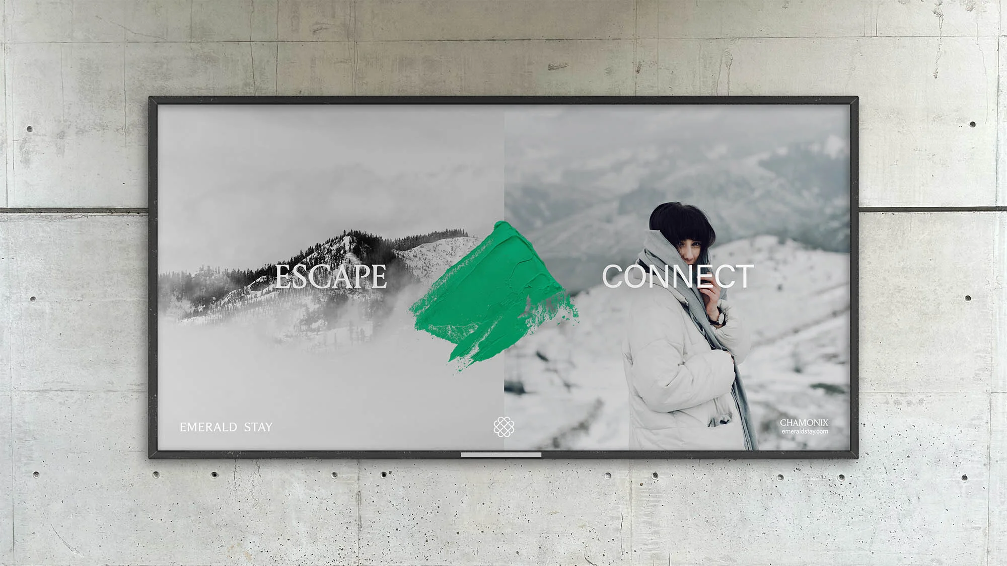 Poster on concrete wall featuring mountain landscape, green paint stroke, and woman in winter apparel for Emerald Stay Chamonix.