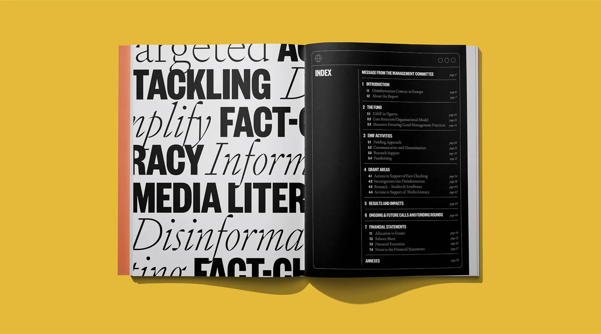 Open book against yellow background. Left page features large, white typography; right page has black background with table of contents.