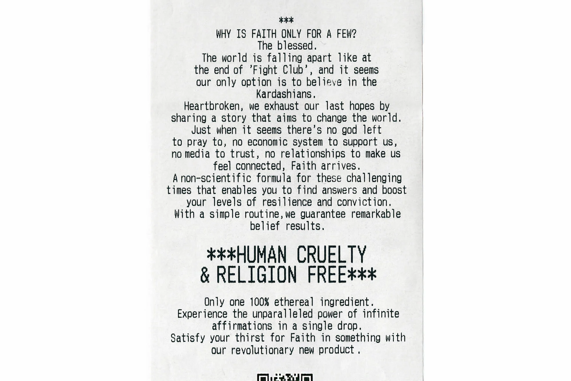 Close-up of a printed text with existential questions and taglines, rendered in a typewriter-style font, presented on a white background.