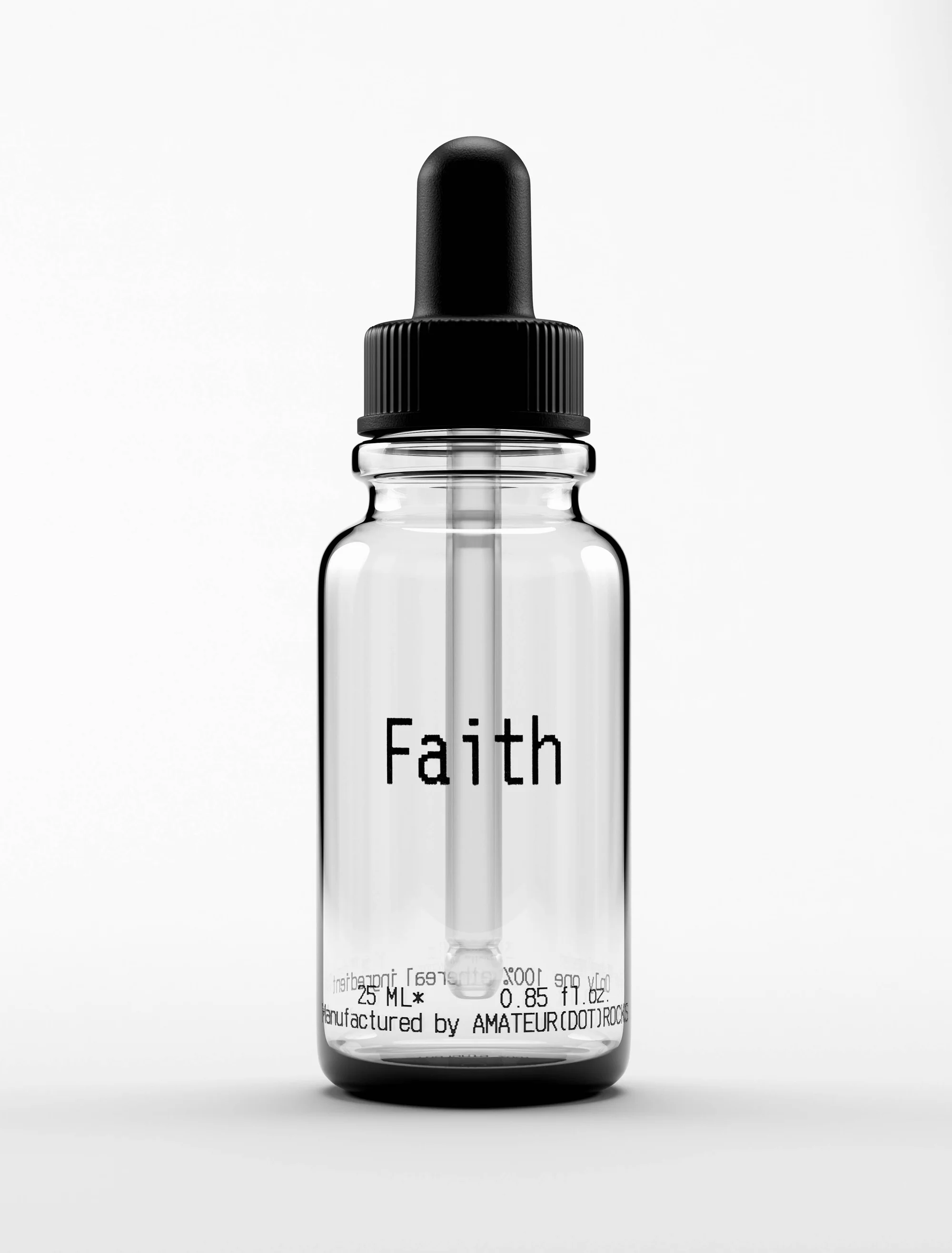 Close-up of a clear glass dropper bottle filled with liquid, featuring a black cap and the word 'Faith' printed on the front.