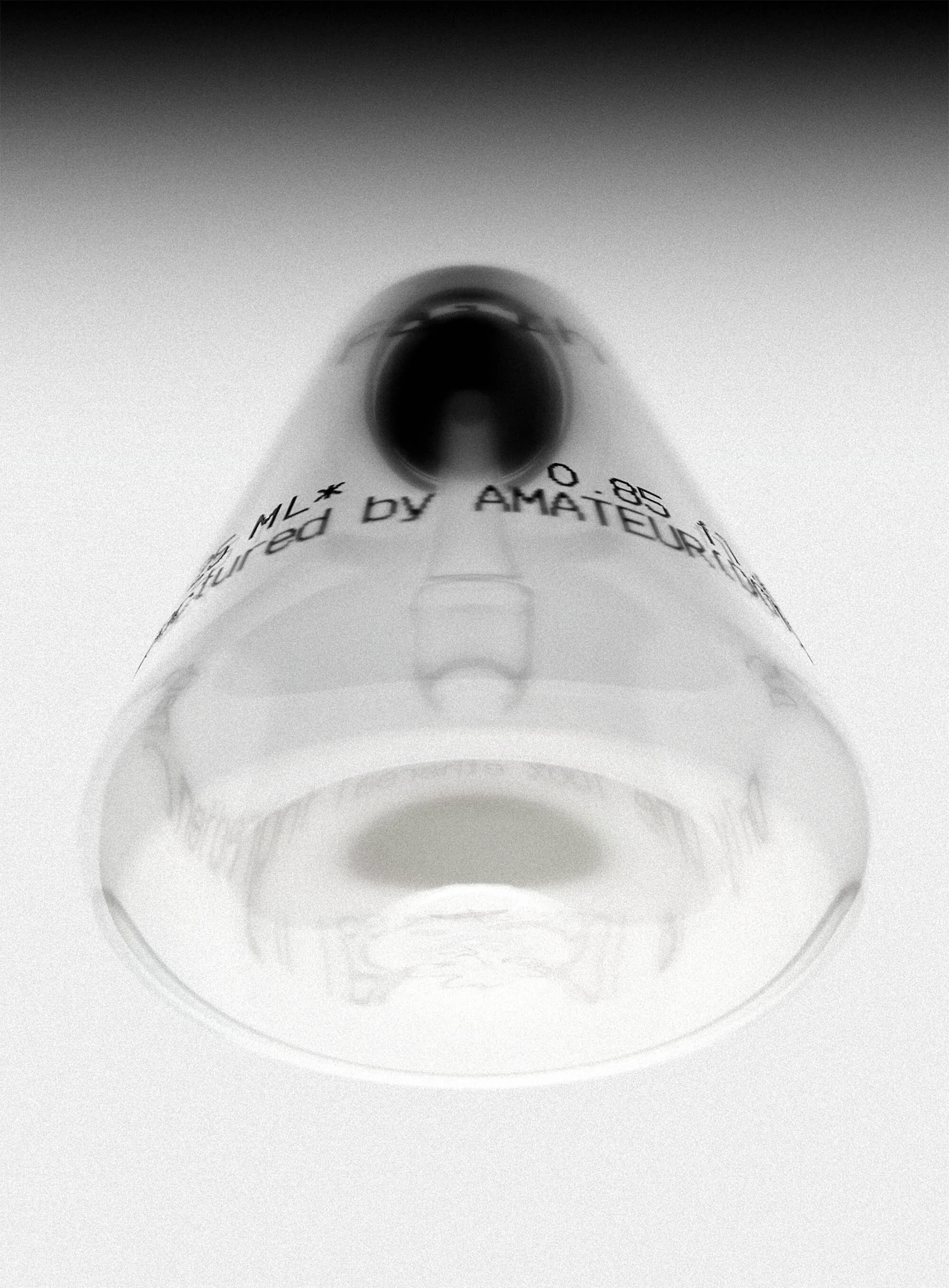 Close-up studio shot of a translucent plastic Erlenmeyer flask against a white background, featuring the text 'Manufactured by Amateur!'.