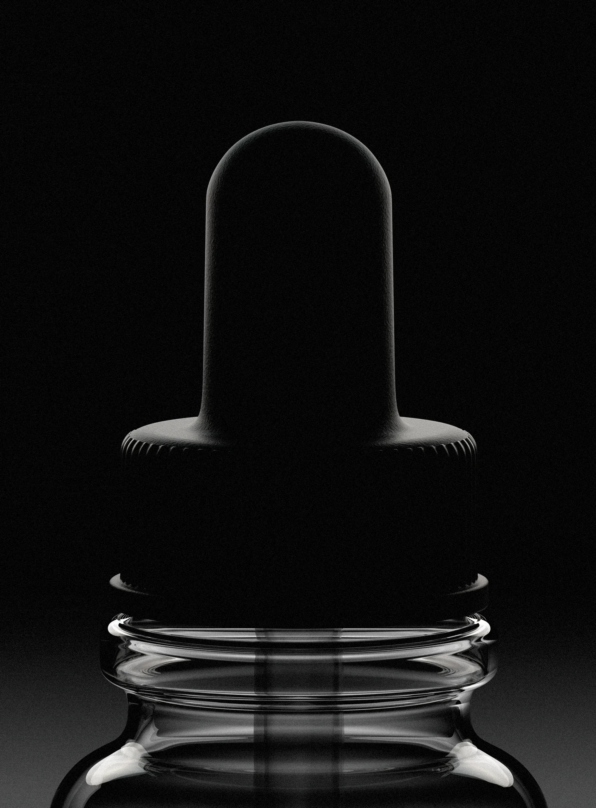 Close-up, high-contrast studio shot of a glass bottle with a black dropper. Product photography showcases the sleek design against a black background.