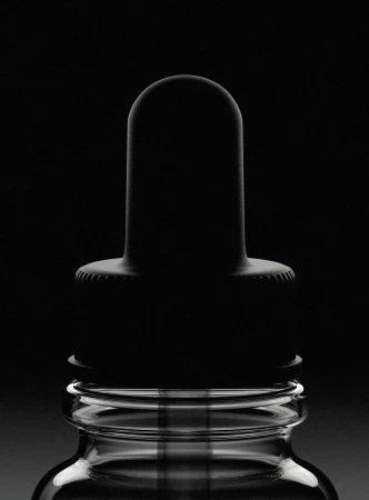 Close-up, high-contrast studio shot of a glass bottle with a black dropper. Product photography showcases the sleek design against a black background.