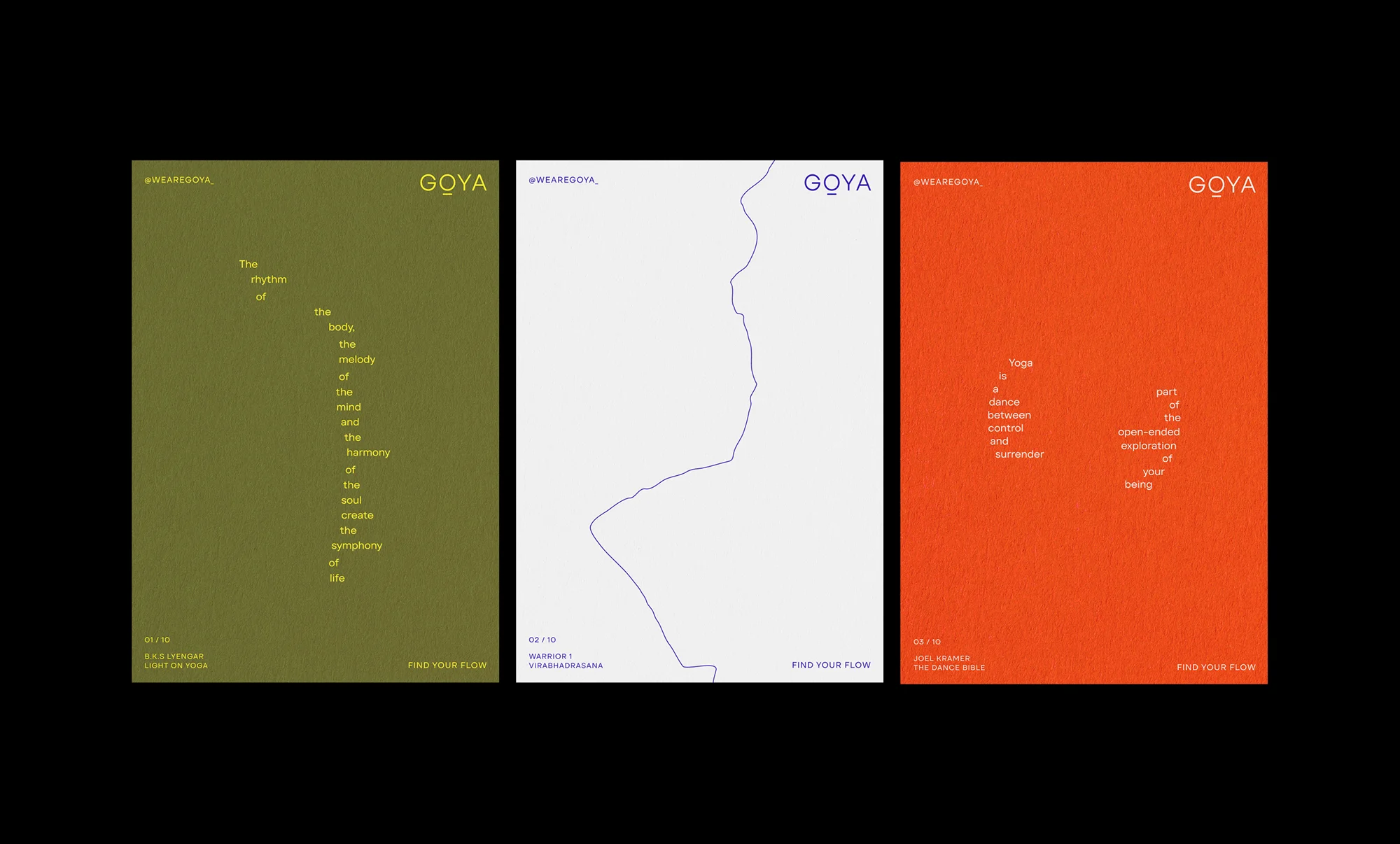 Three posters with text for Goya fitness brand; green, white and orange posters side-by-side on dark background showcase yoga and movement.