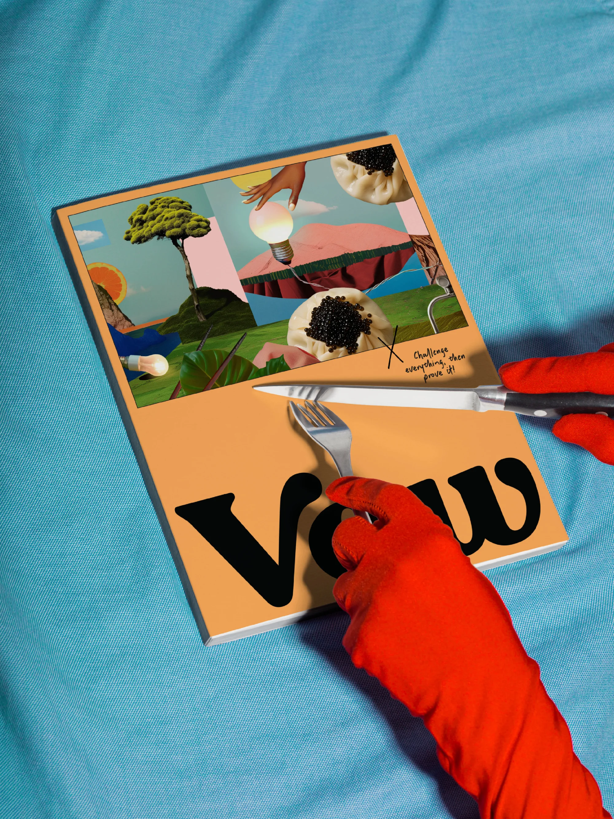 Abstract magazine cover with tree, lightbulb, and dumpling collages; hands in orange gloves cut the cover with a fork and knife.