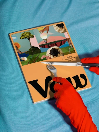 Abstract magazine cover with tree, lightbulb, and dumpling collages; hands in orange gloves cut the cover with a fork and knife.