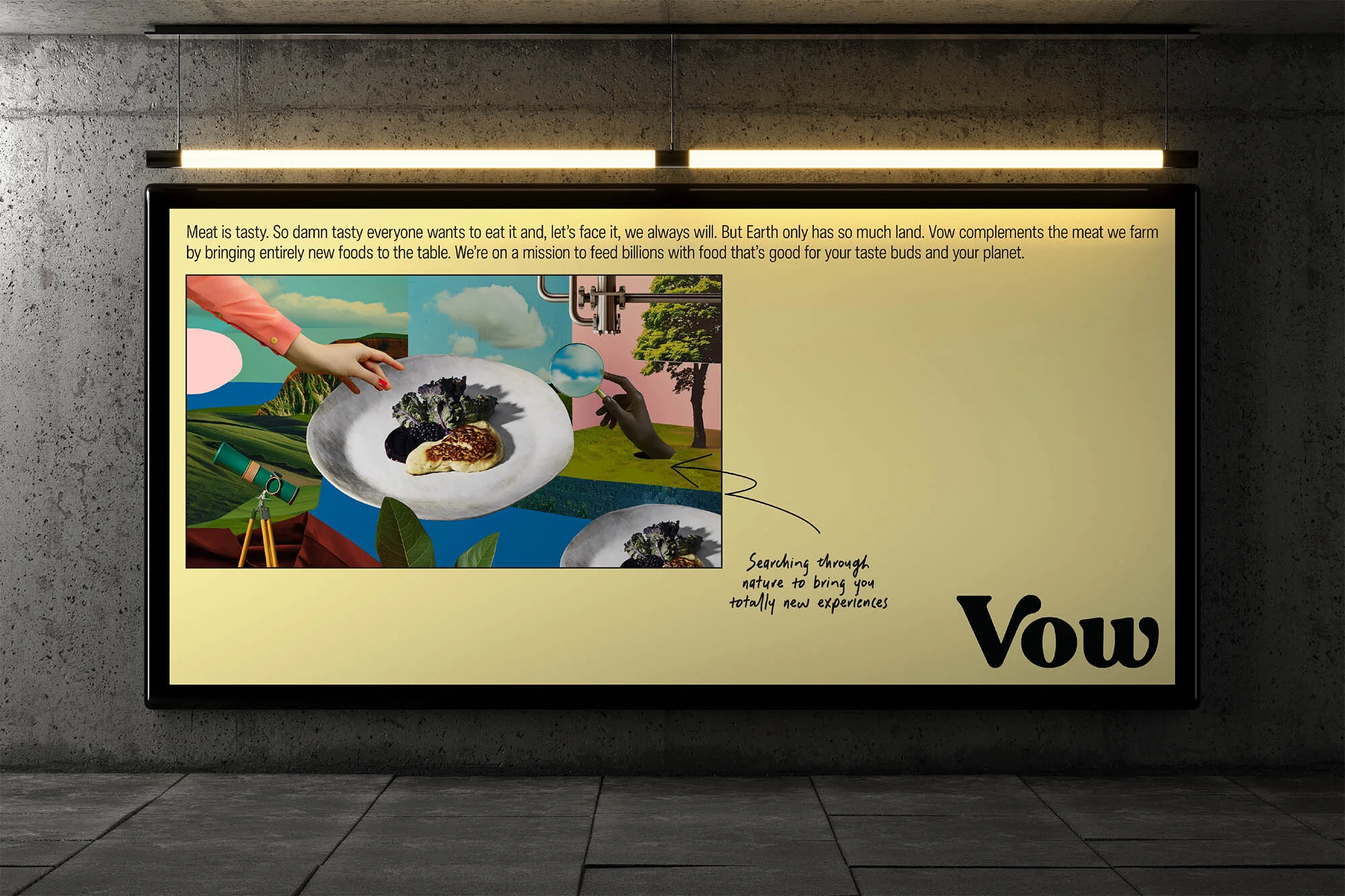 Collage advertisement featuring plates of food with a hand reaching for one, juxtaposed with natural and mechanical elements on a grey wall.