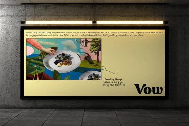 Billboard displaying a collage advertising Vow brand identity against a concrete wall under tube lighting