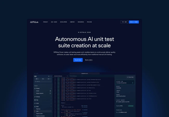 AI-powered unit testing software shown on a dark screen, featuring code snippets and a user interface for autonomous testing.