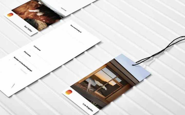Promotional imagery showcases travel tags, one featuring a horse in Sun Valley, another an interior in Los Angeles. Text areas allow writing.