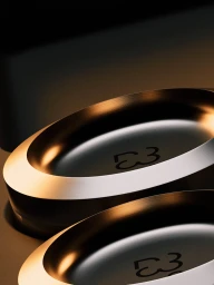 Close-up of two metallic oval objects with a dark recessed center and stamped logo on a dark background.