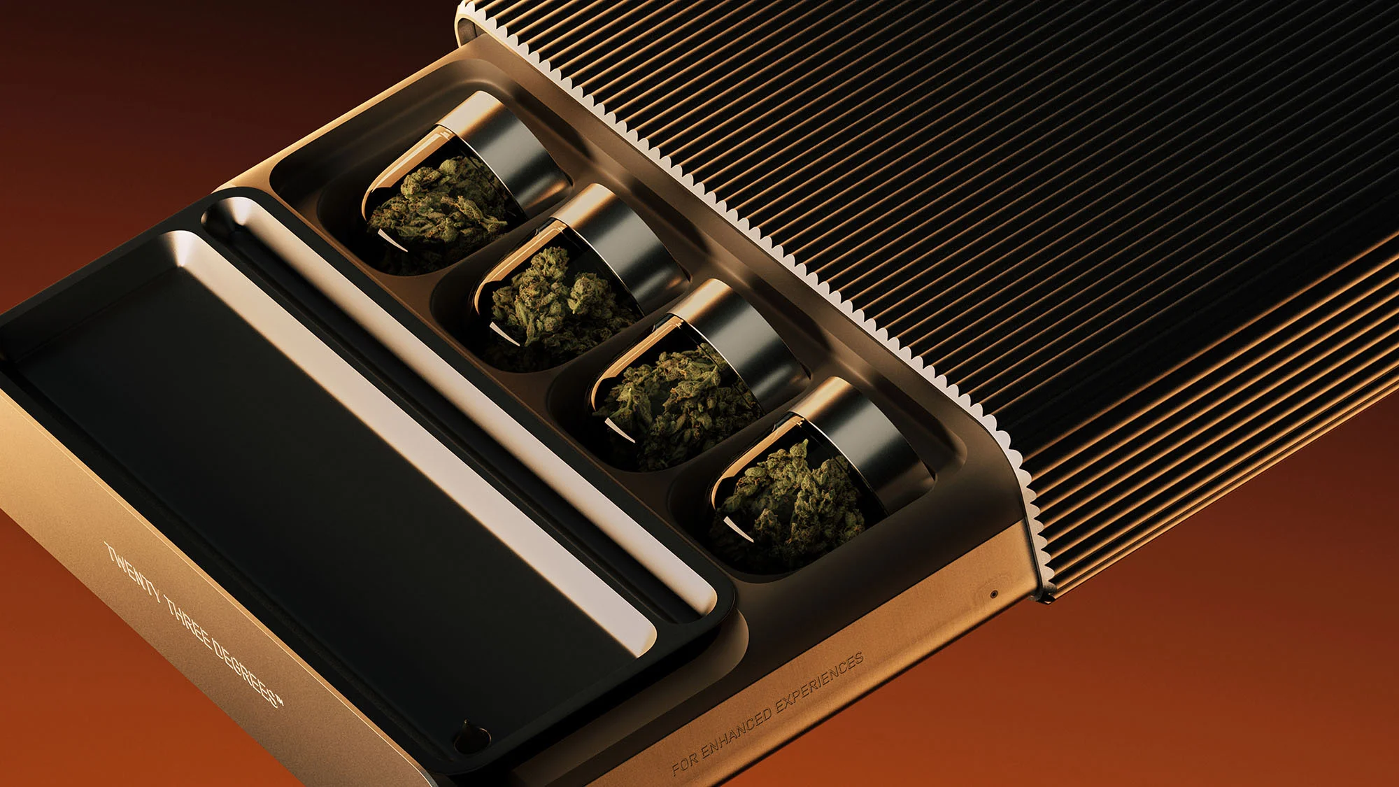 Close-up shot of a metal container with four compartments, three filled with herbs, and a black sliding tray against a brown background.