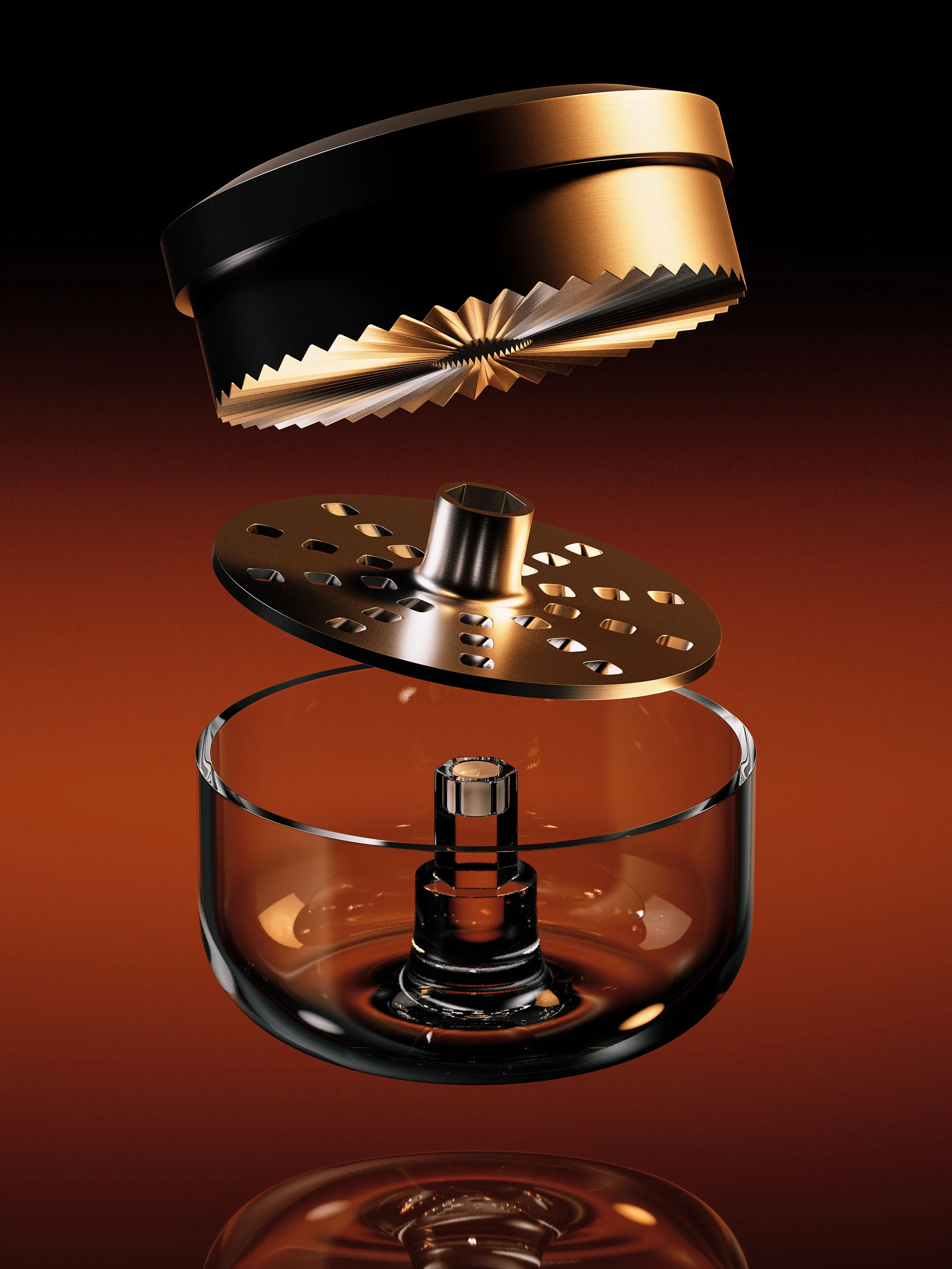 Elevated view of disassembled food processor components showcasing top black blade, middle holed disc, and bottom transparent collection container.