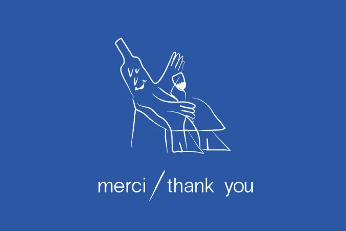 Line art illustration of hands presenting wine bottle and glass on blue background with 'merci / thank you' text. 